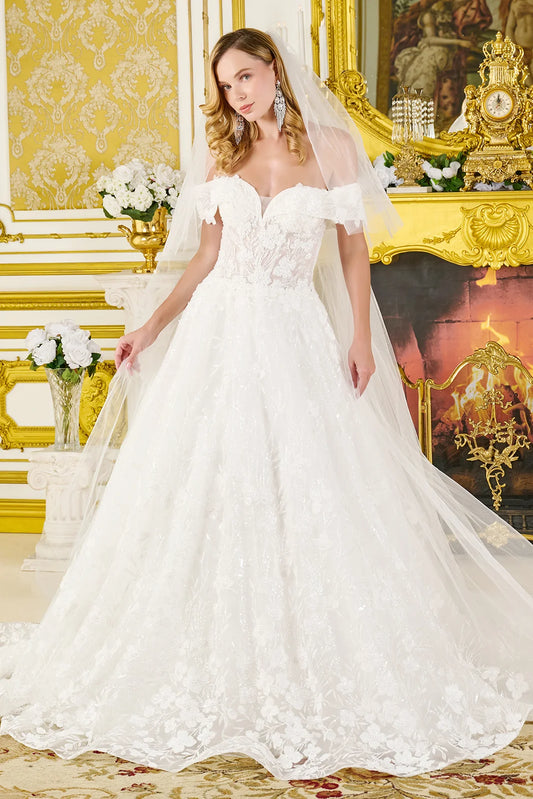 Wedding Dress Fold-Over Off-The-Shoulder Sleeves And V-Neckline