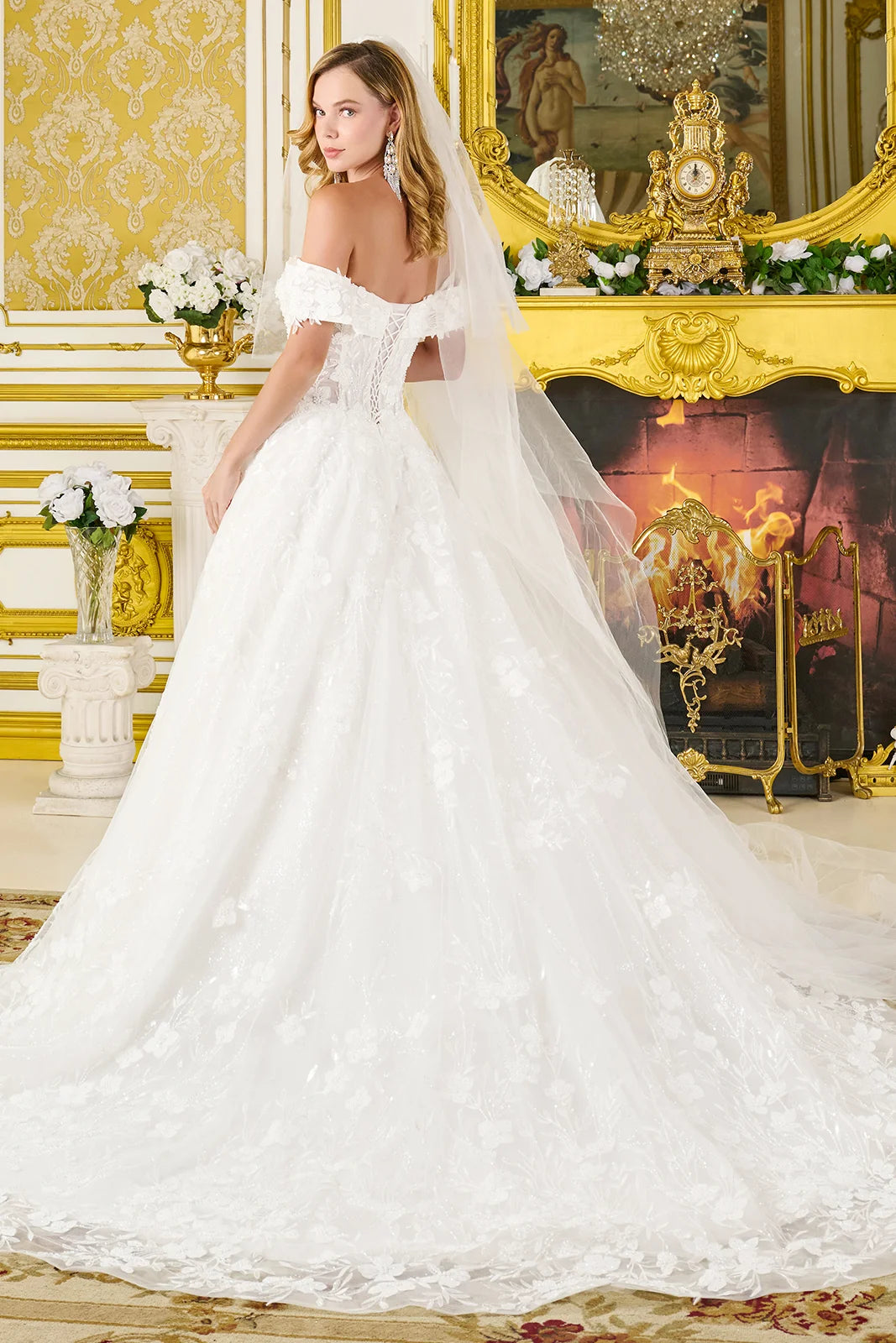Wedding Dress Fold-Over Off-The-Shoulder Sleeves And V-Neckline