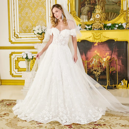 Wedding Dress Fold-Over Off-The-Shoulder Sleeves And V-Neckline