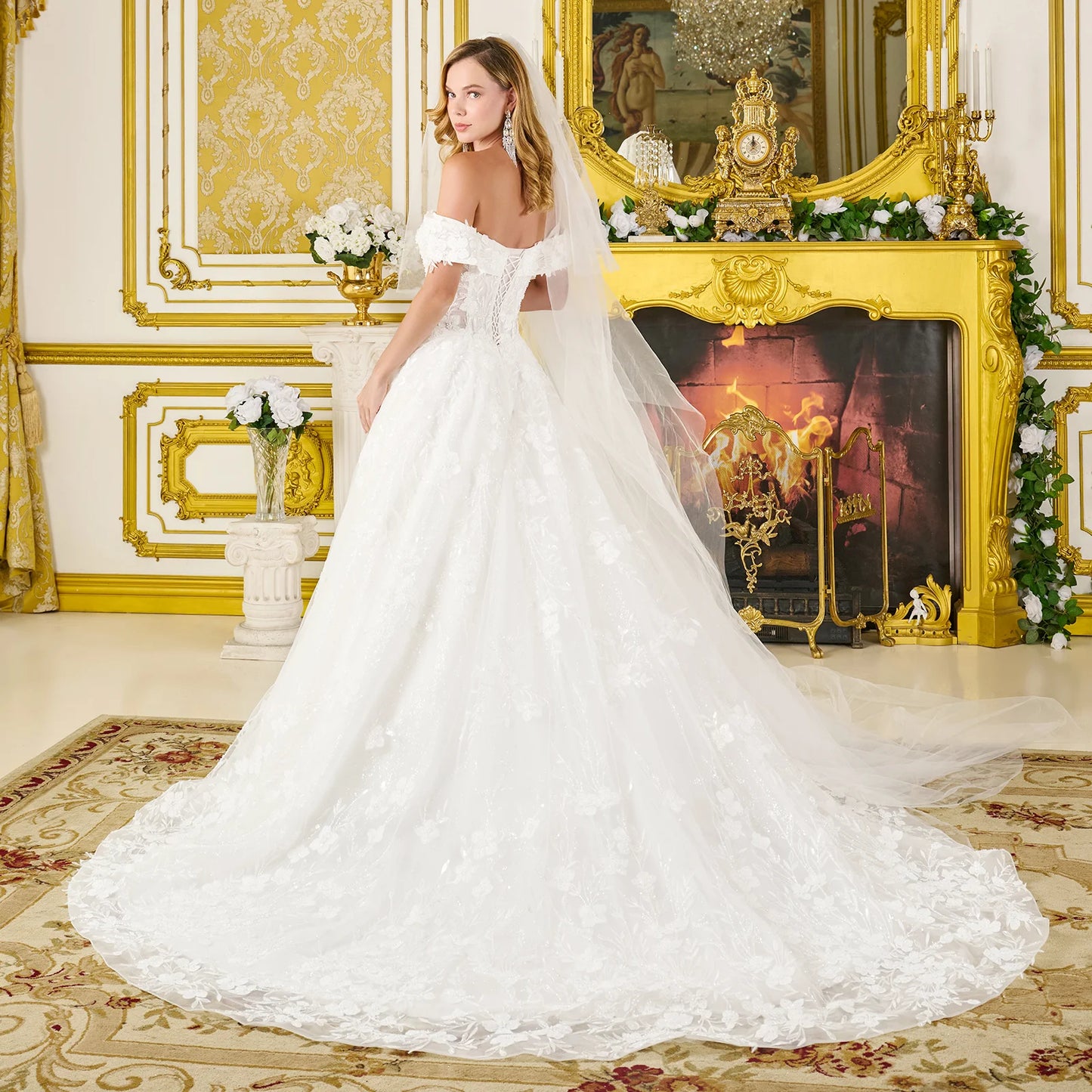 Wedding Dress Fold-Over Off-The-Shoulder Sleeves And V-Neckline