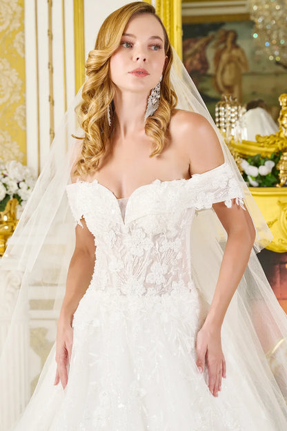 Wedding Dress Fold-Over Off-The-Shoulder Sleeves And V-Neckline