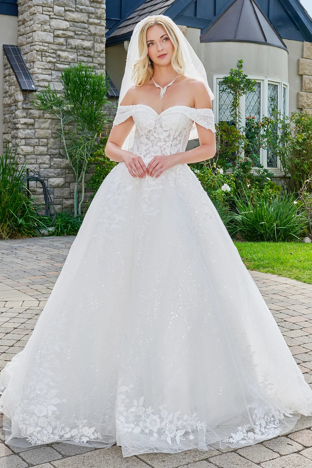 Wedding Dress With Embroidery, Sequins And Beads, A Glitter Underlayer And Off-The-Shoulder Straps