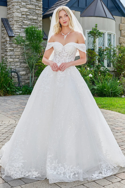 Wedding Dress With Embroidery, Sequins And Beads, A Glitter Underlayer And Off-The-Shoulder Straps