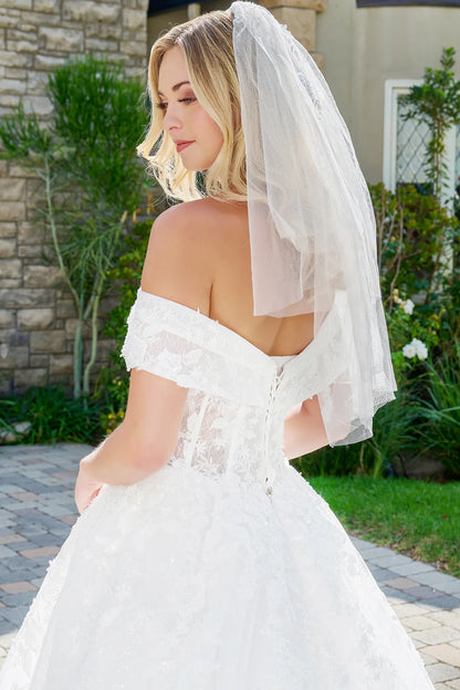 Wedding Dress With Embroidery, Sequins And Beads, A Glitter Underlayer And Off-The-Shoulder Straps