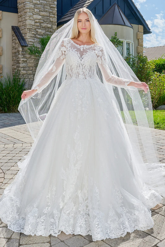 Wedding Dress Made Of Transparent Mesh, With Long Sleeves, A Round Neckline, And A Corset-Style Bodice.