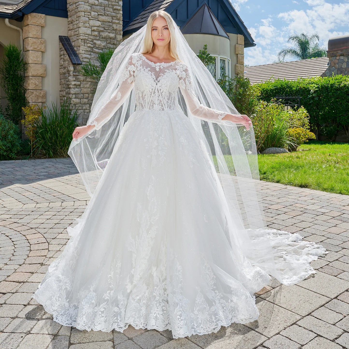 Wedding Dress Made Of Transparent Mesh, With Long Sleeves, A Round Neckline, And A Corset-Style Bodice.