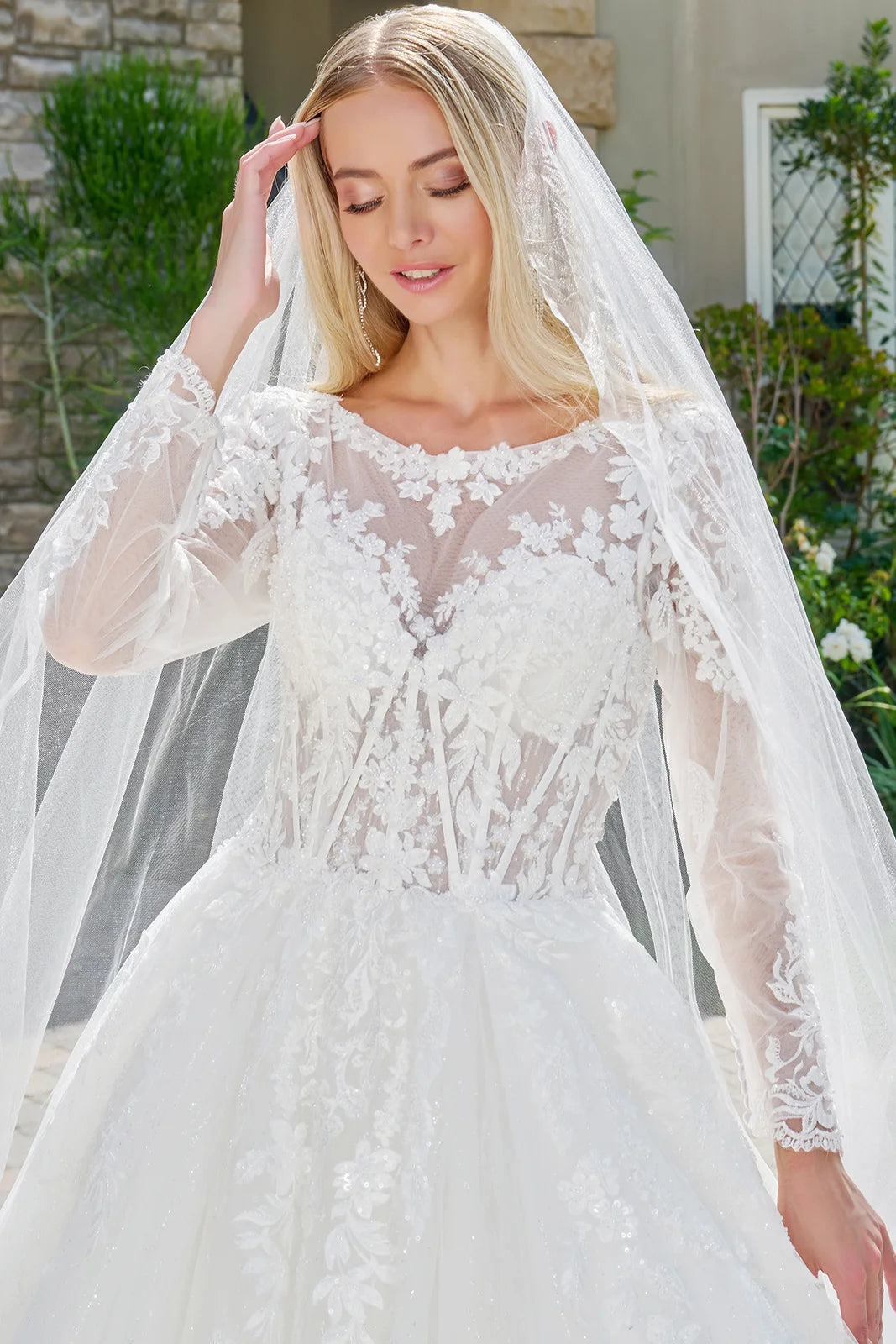 Wedding Dress Made Of Transparent Mesh, With Long Sleeves, A Round Neckline, And A Corset-Style Bodice.