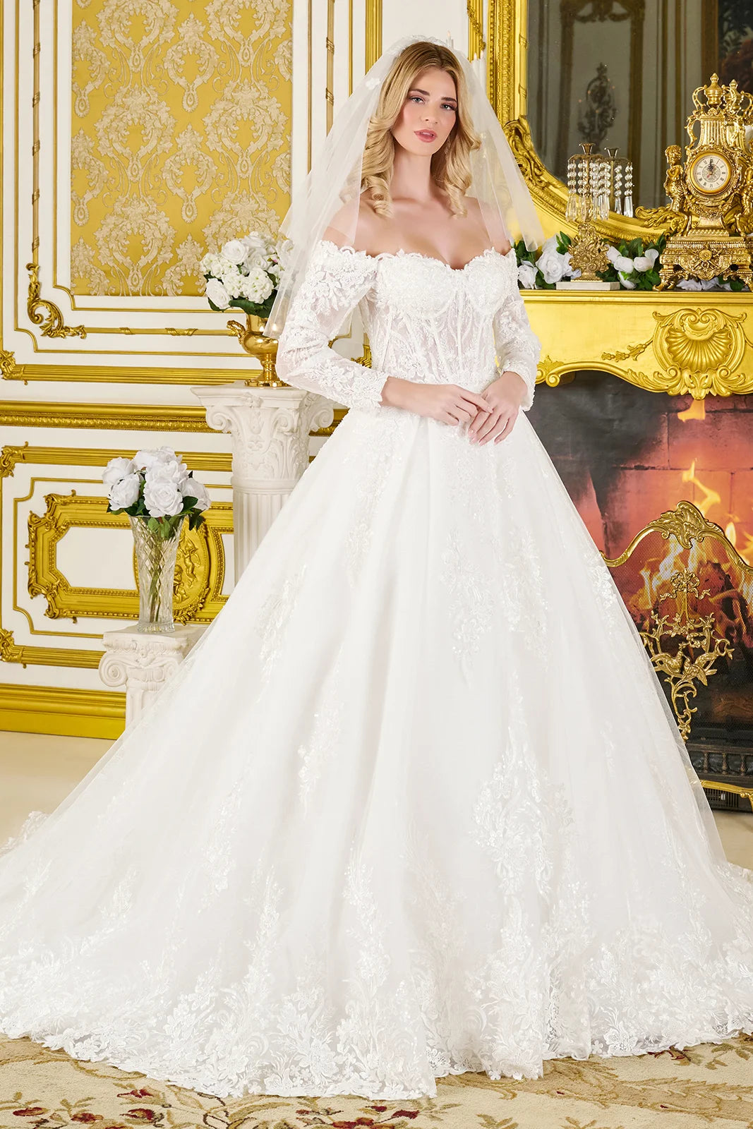Wedding Ball Gown Off-Shoulder 3/4 Sleeves,A Sweetheart Neckline Corset Bodice S / Off White