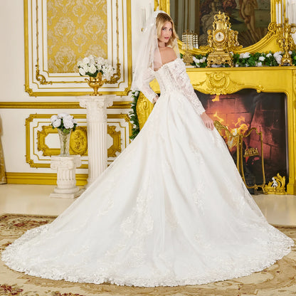 Wedding Ball Gown Off-Shoulder 3/4 Sleeves,A Sweetheart Neckline Corset Bodice