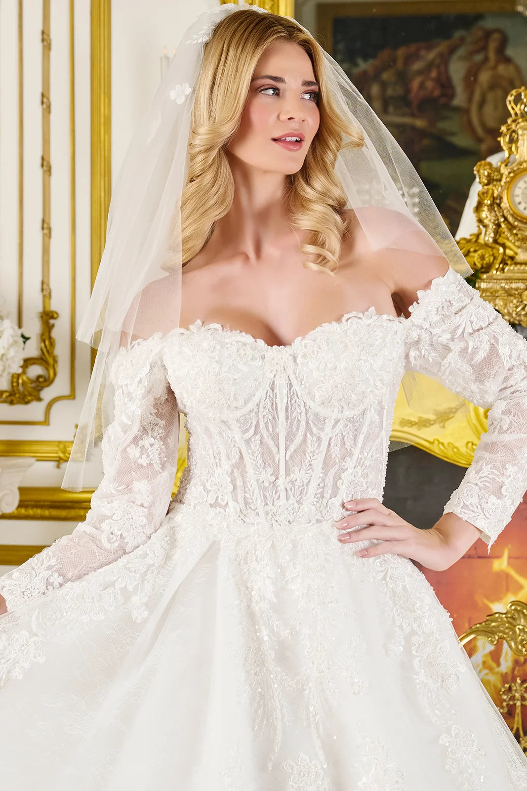 Wedding Ball Gown Off-Shoulder 3/4 Sleeves,A Sweetheart Neckline Corset Bodice