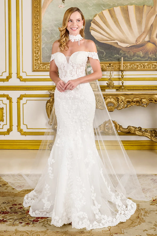 Fitted Wedding Dress With Off-The-Shoulder Design, Appliqués, Embroidery, Beads And Sequins With A Touch Of Sparkle