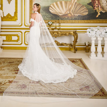 Fitted Wedding Dress With Off-The-Shoulder Design, Appliqués, Embroidery, Beads And Sequins With A Touch Of Sparkle