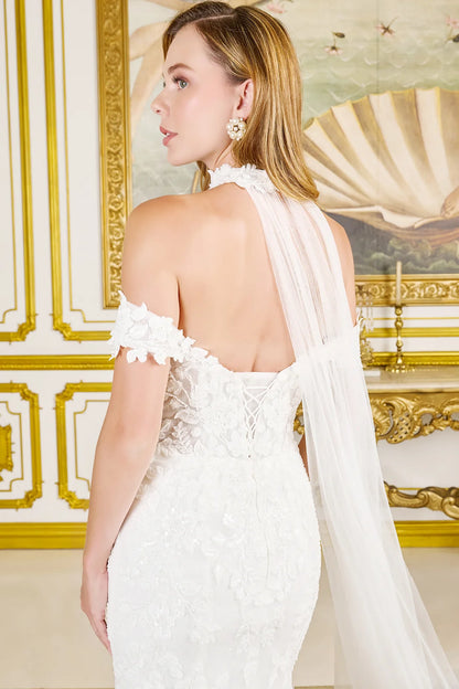 Fitted Wedding Dress With Off-The-Shoulder Design, Appliqués, Embroidery, Beads And Sequins With A Touch Of Sparkle