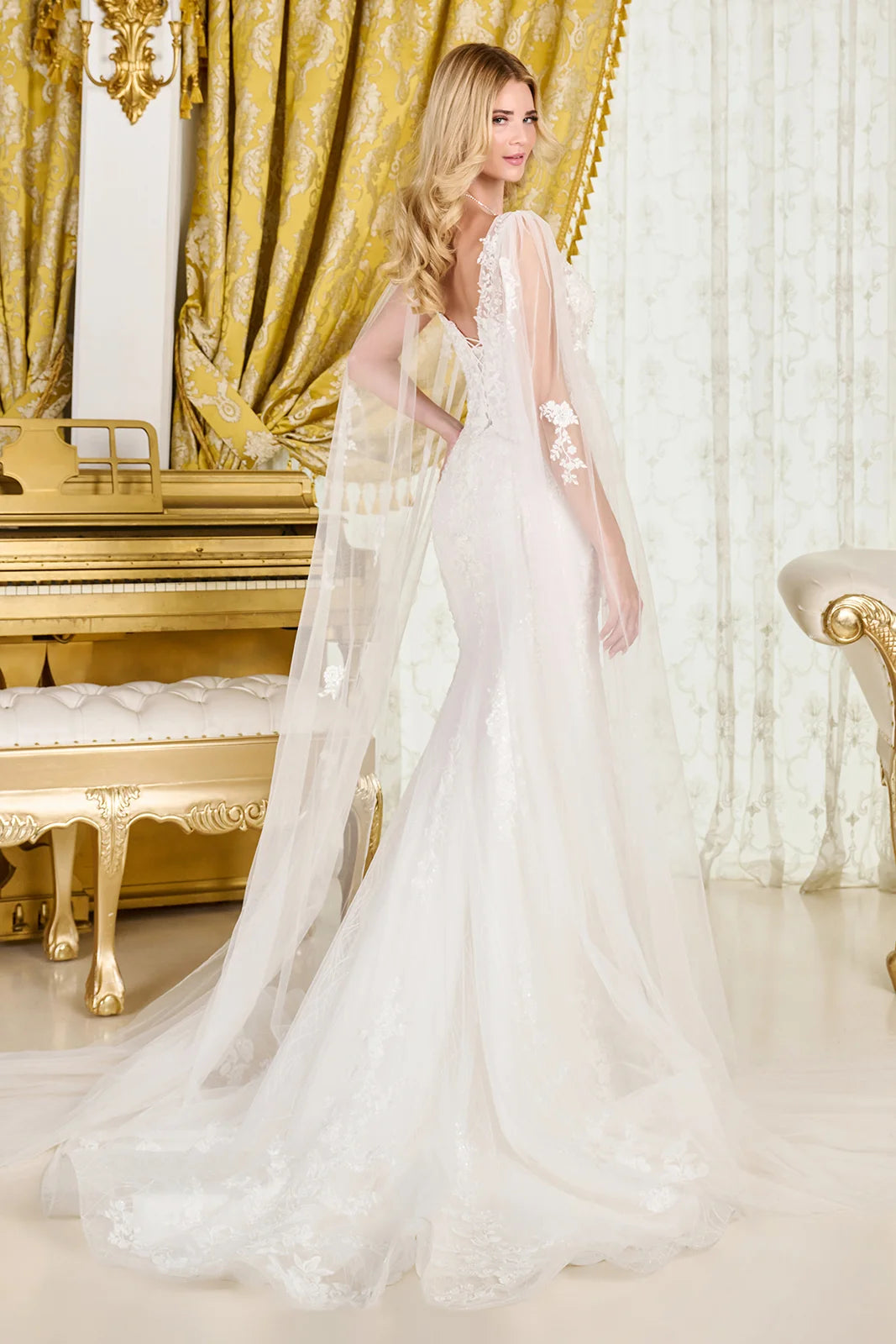 Trumpet-Style Wedding Gown, Intricate Appliqués, Sparkling Beads, Sequins, And Embroidery