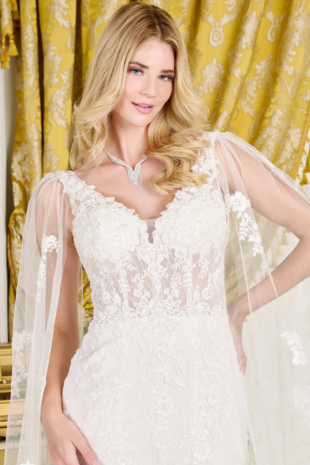 Trumpet-Style Wedding Gown, Intricate Appliqués, Sparkling Beads, Sequins, And Embroidery