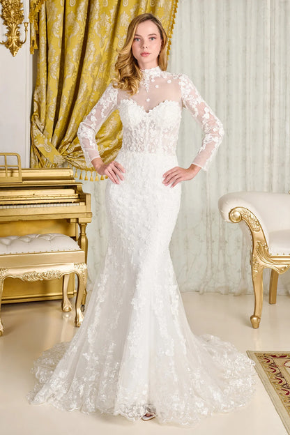 Wedding Dress With Trumpet Cut, Detachable Sheer High Neck Top And Long Sleeves