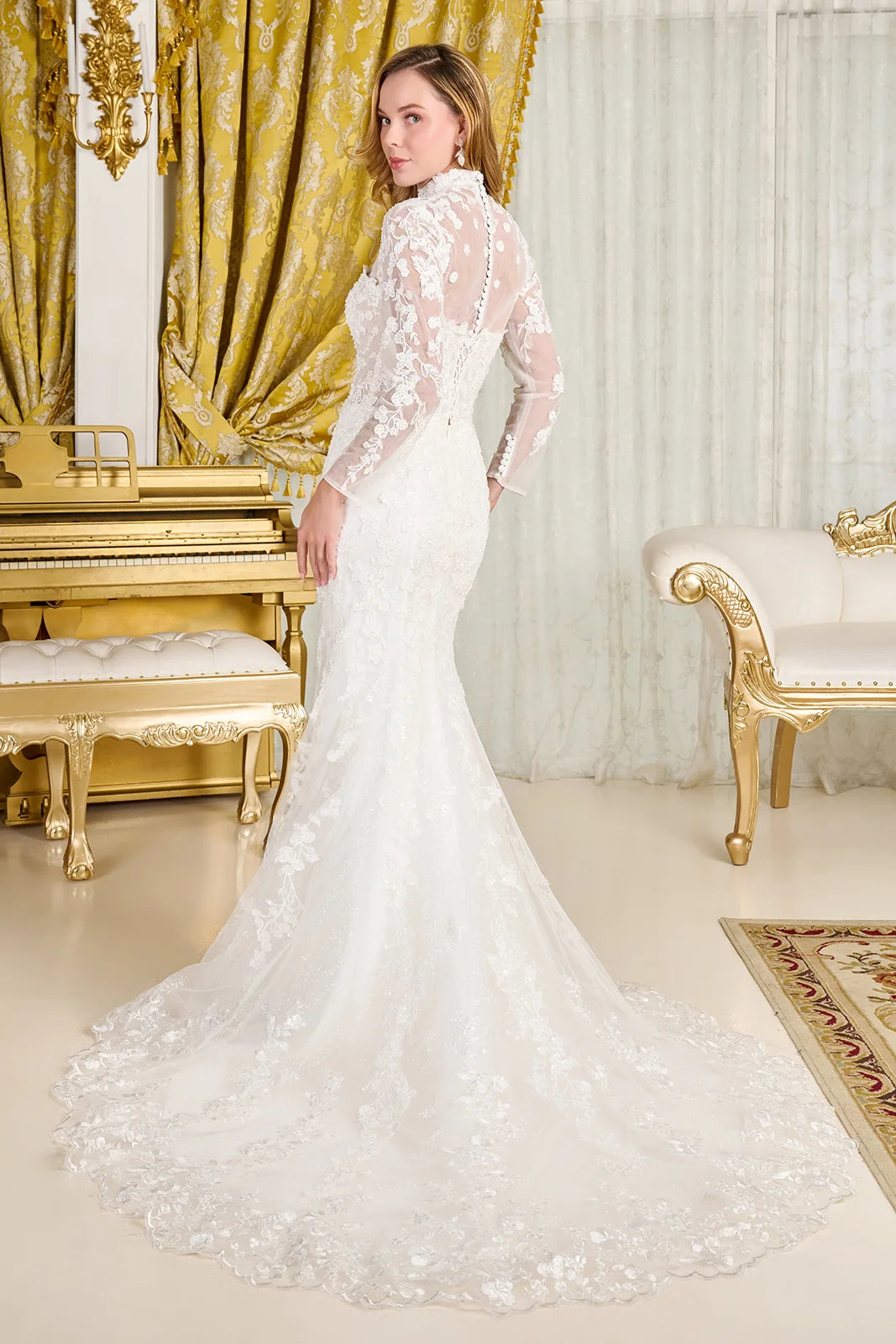 Wedding Dress With Trumpet Cut, Detachable Sheer High Neck Top And Long Sleeves