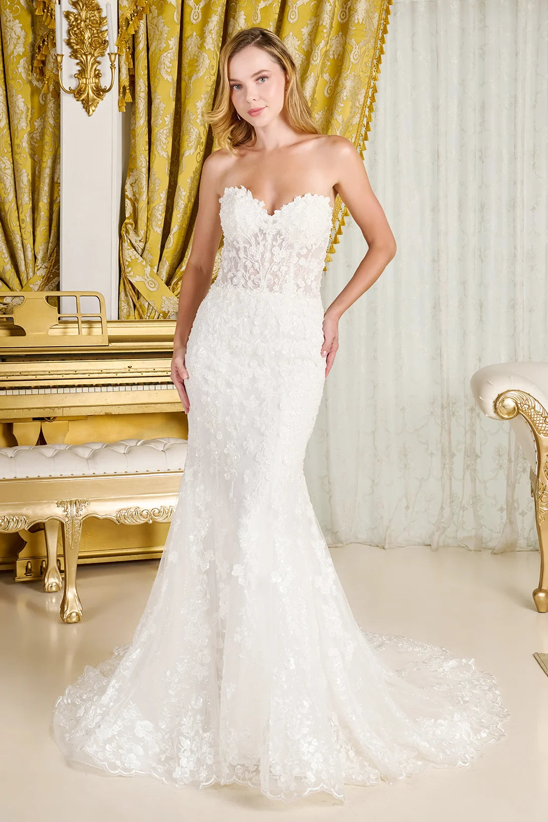 Wedding Dress With Trumpet Cut, Detachable Sheer High Neck Top And Long Sleeves