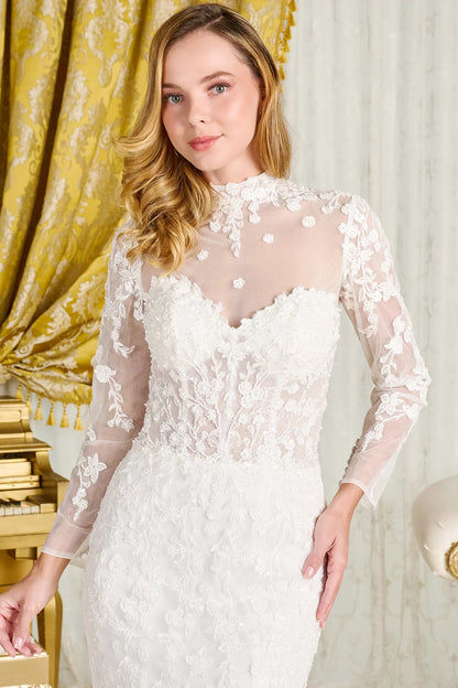 Wedding Dress With Trumpet Cut, Detachable Sheer High Neck Top And Long Sleeves