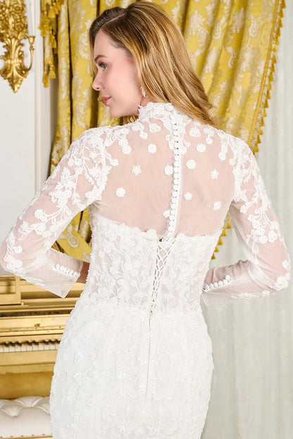Wedding Dress With Trumpet Cut, Detachable Sheer High Neck Top And Long Sleeves