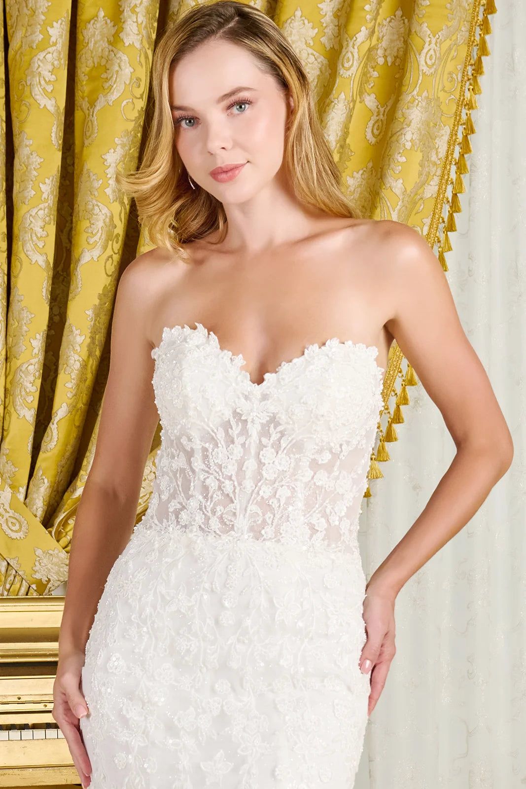 Wedding Dress With Trumpet Cut, Detachable Sheer High Neck Top And Long Sleeves