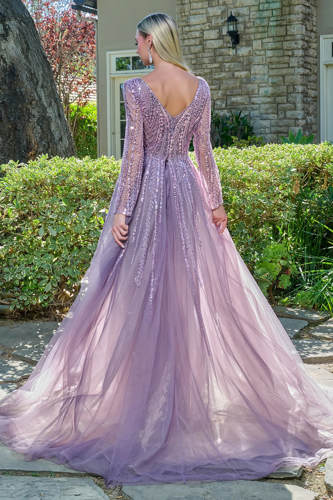 Embellished V Neckline Long Sleeves Zipper V Back A Line Dress With Overskirt