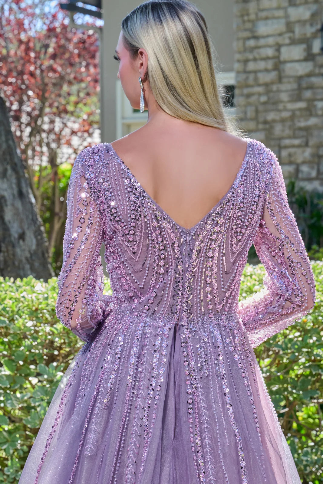 Embellished V Neckline Long Sleeves Zipper V Back A Line Dress With Overskirt