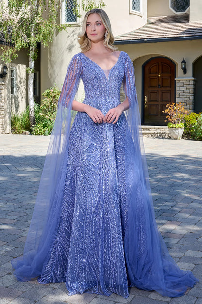 Embellished Cape Sleeves V Neckline Zipper V Back A Line Dress
