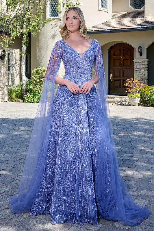 Embellished Cape Sleeves V Neckline Zipper V Back A Line Dress