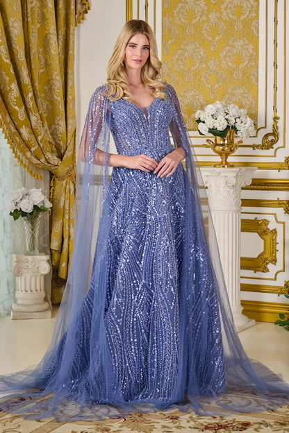 Embellished Cape Sleeves V Neckline Zipper V Back A Line Dress