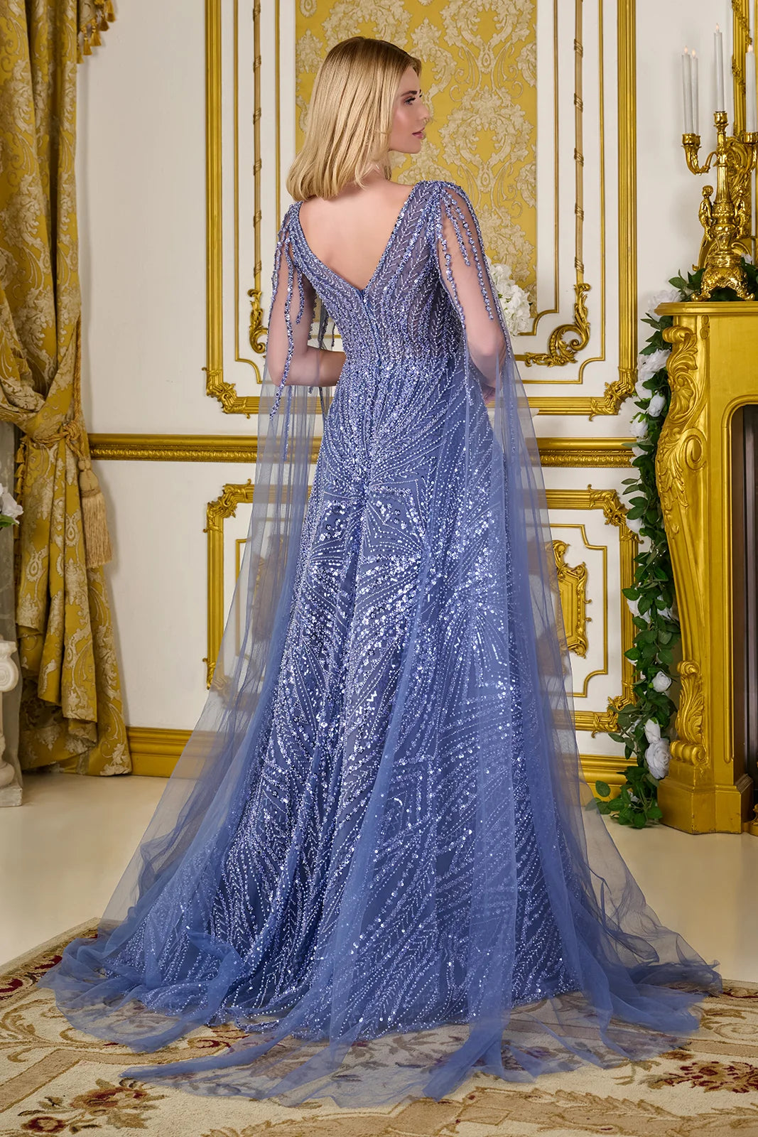 Embellished Cape Sleeves V Neckline Zipper V Back A Line Dress