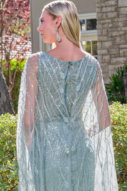 V Neckline Embellished Lace Fitted Zipper Dress With Attached High Low Keyhole Mesh Cape