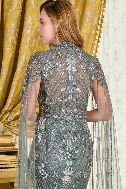Embellished Mock Neck Cape Sleeves Zipper Fitted Dress