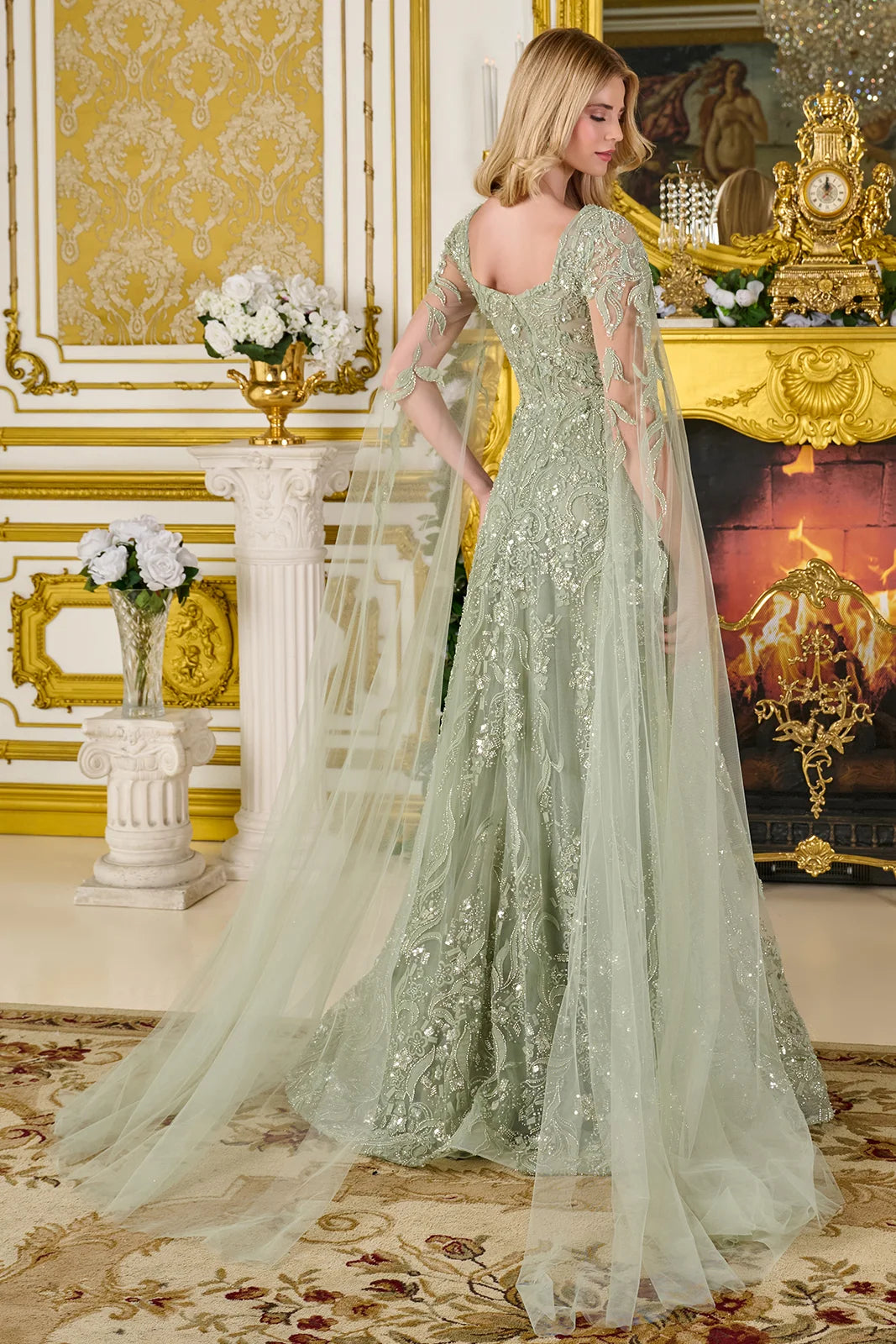 3d Flower Applique Embellished V Neckline Cape Sleeves Zipper A Line Dress