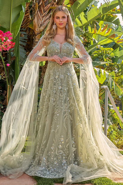 3d Flower Applique Embellished V Neckline Cape Sleeves Zipper A Line Dress