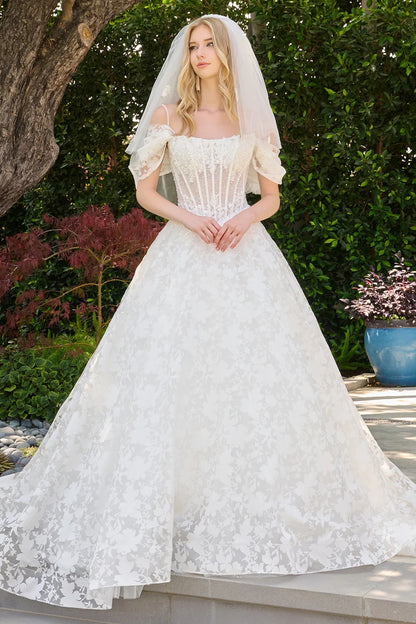 Boat Neckline Basque Waist Pleated Cold Shoulder Organza Jacquard Ballgown Wedding Dress With Veil