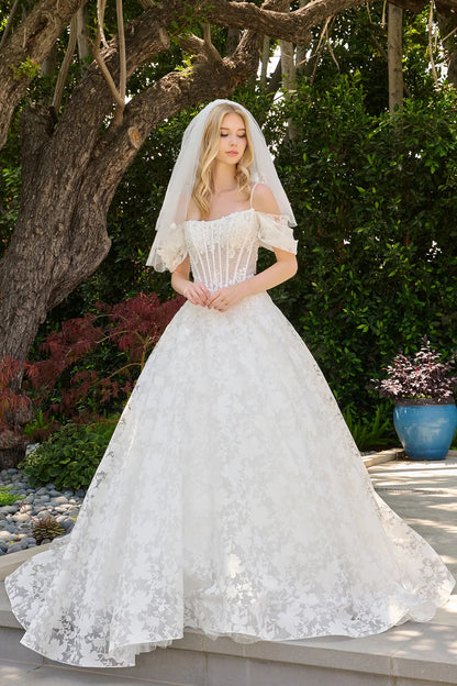 Boat Neckline Basque Waist Pleated Cold Shoulder Organza Jacquard Ballgown Wedding Dress With Veil