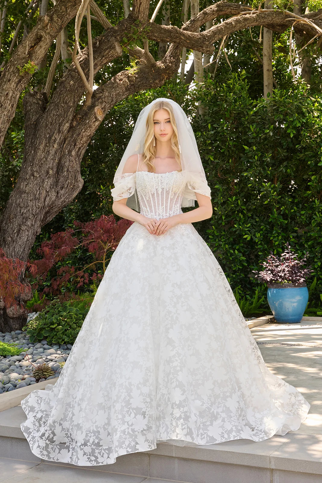 Boat Neckline Basque Waist Pleated Cold Shoulder Organza Jacquard Ballgown Wedding Dress With Veil