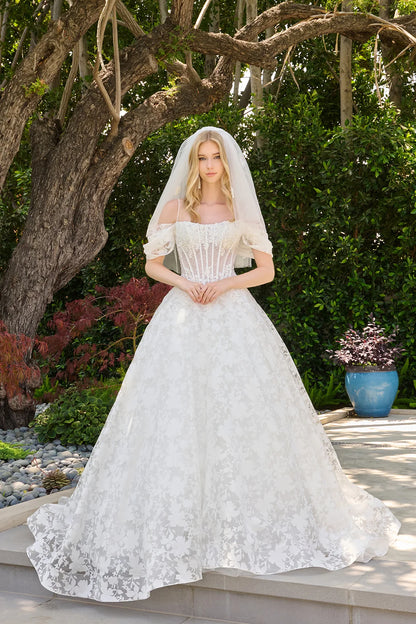 Boat Neckline Basque Waist Pleated Cold Shoulder Organza Jacquard Ballgown Wedding Dress With Veil