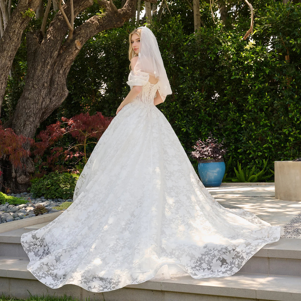 Boat Neckline Basque Waist Pleated Cold Shoulder Organza Jacquard Ballgown Wedding Dress With Veil