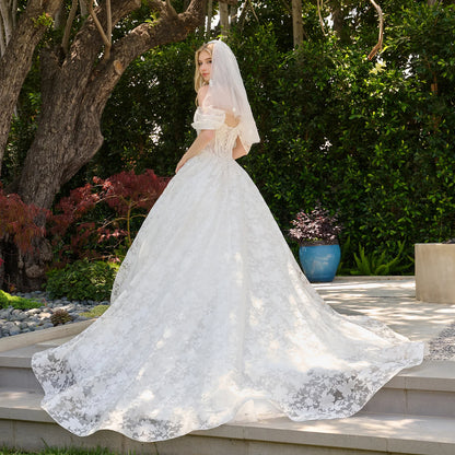 Boat Neckline Basque Waist Pleated Cold Shoulder Organza Jacquard Ballgown Wedding Dress With Veil