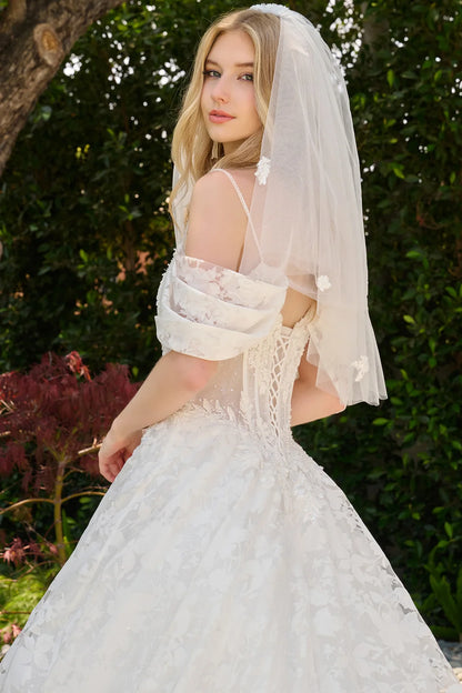 Boat Neckline Basque Waist Pleated Cold Shoulder Organza Jacquard Ballgown Wedding Dress With Veil