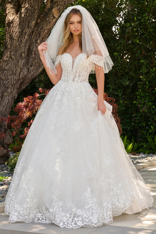 Fold Over Dangling Beads Off Shoulder Scallop Hem Ballgown Wedding Dress With Veil