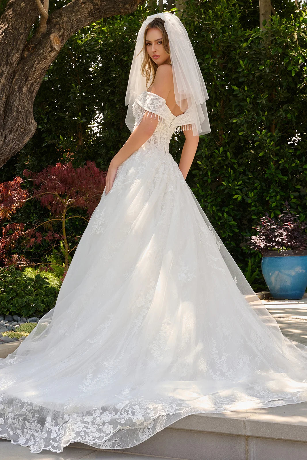Fold Over Dangling Beads Off Shoulder Scallop Hem Ballgown Wedding Dress With Veil