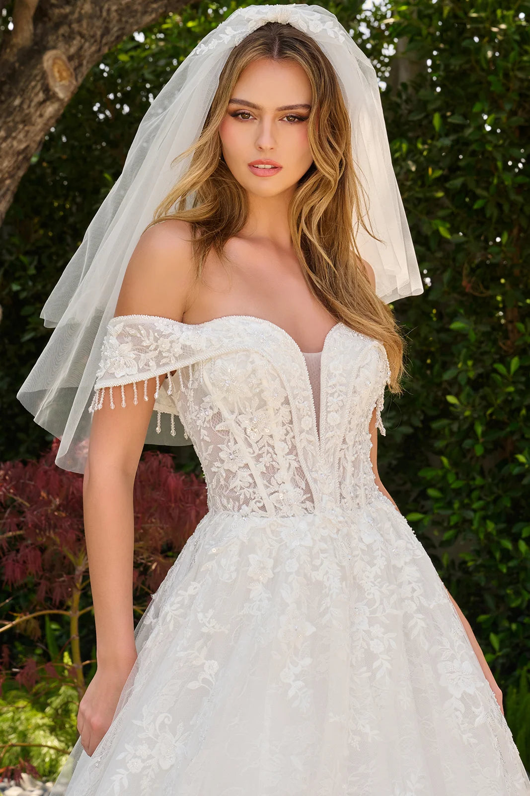 Fold Over Dangling Beads Off Shoulder Scallop Hem Ballgown Wedding Dress With Veil