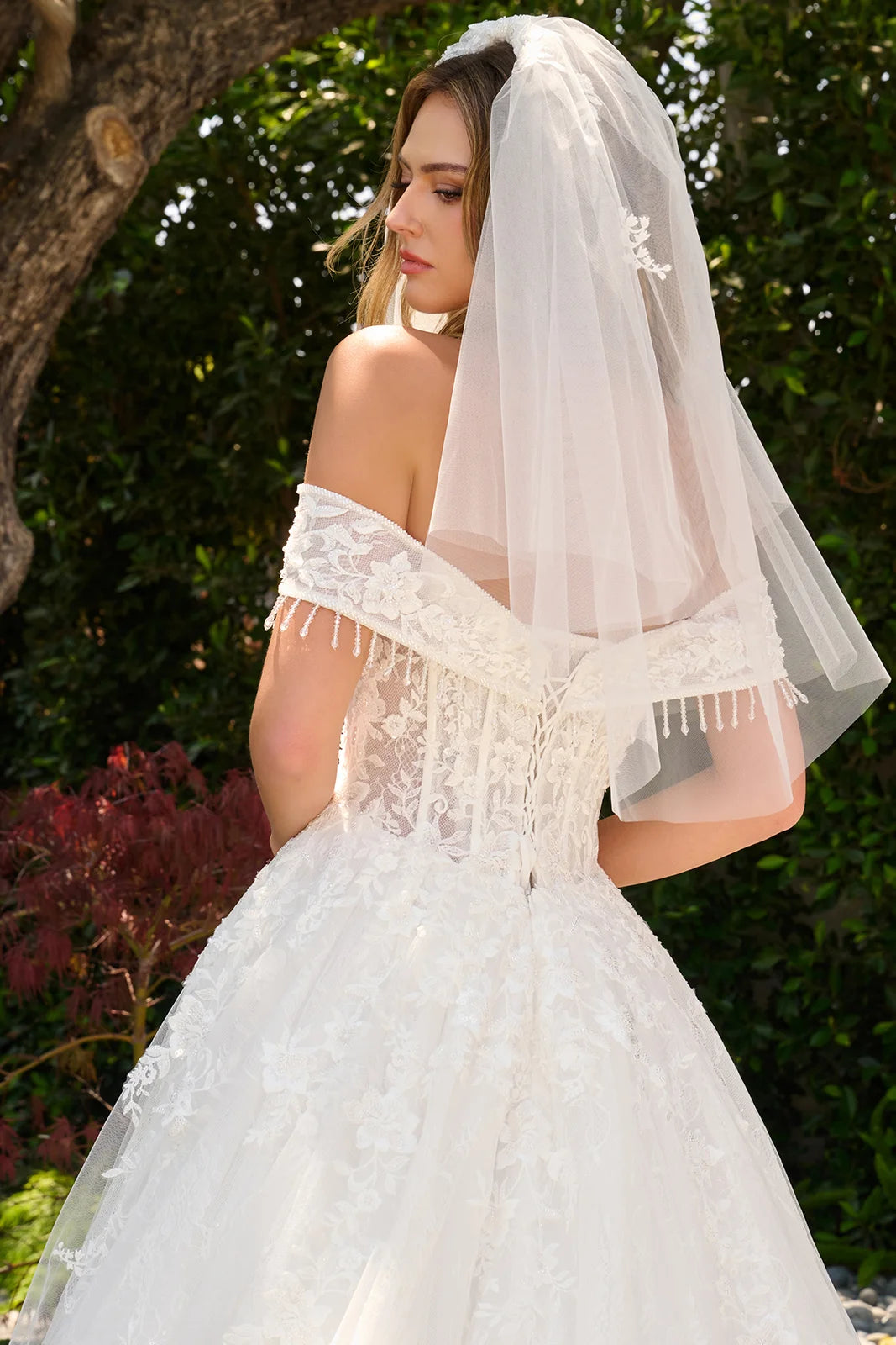 Fold Over Dangling Beads Off Shoulder Scallop Hem Ballgown Wedding Dress With Veil
