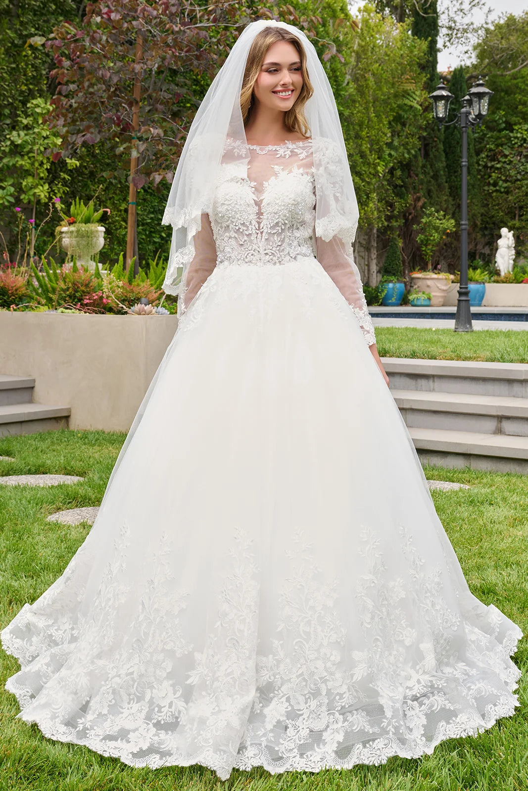 3d Sequin Flowers Long Sleeve Button Back Embroidered Hem Ballgown Wedding Dress With Veil