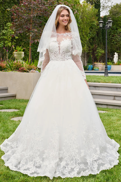 3d Sequin Flowers Long Sleeve Button Back Embroidered Hem Ballgown Wedding Dress With Veil