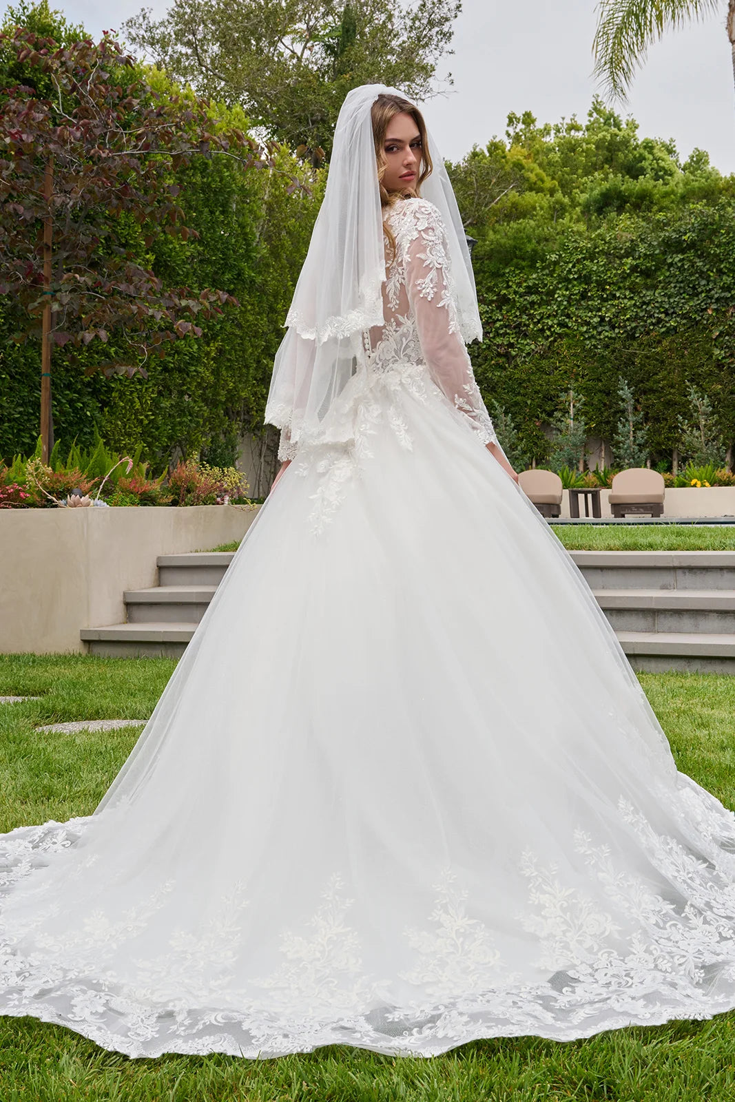 3d Sequin Flowers Long Sleeve Button Back Embroidered Hem Ballgown Wedding Dress With Veil
