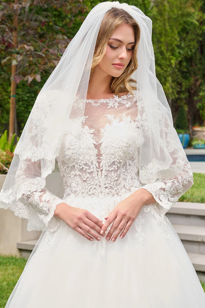 3d Sequin Flowers Long Sleeve Button Back Embroidered Hem Ballgown Wedding Dress With Veil
